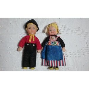 Vintage Soft Rubber Dolls Dutch Girl & Boy Felt Clothing 5" Tall